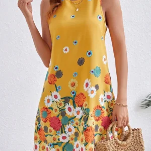 Fashion temperament women's positioning floral print sleeveless round-neck dress, summer women's back keyhole button dress