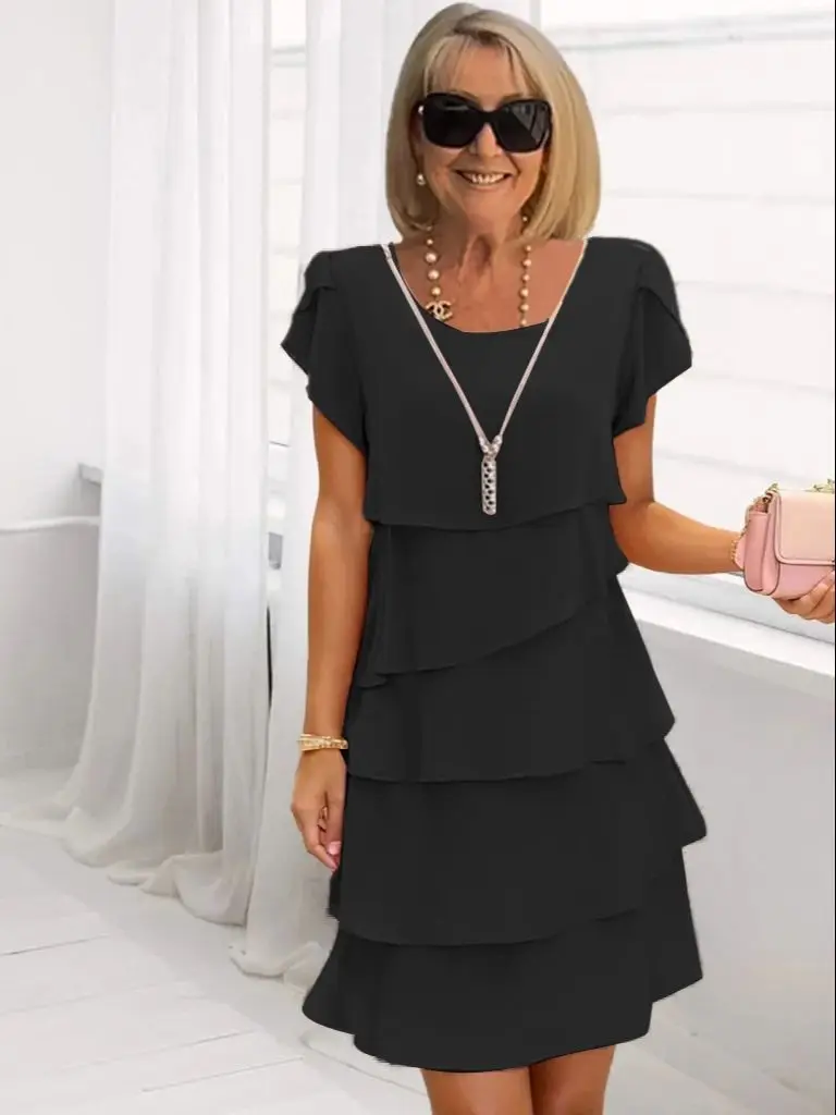 Women's Solid Color Round Neck Short Sleeve Casual Multi-Layered Mini Dress - Image 2