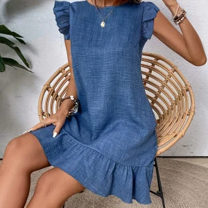 Suumer Women's Elegant loose casual clean color crewneck ruffle sleeves panels hem tie bow at the back of the daily resort dress
