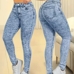 Women's casual high waist elastic slim butt lift tight feet fashionable simple washing snowflake nine-point jeans
