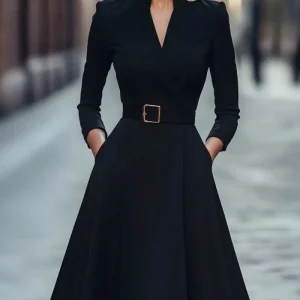 Women's Autumn Winter V-Neck Long Sleeve A-Line Skirt Slimming Waist Belted Medium-Length Commuter Fashion