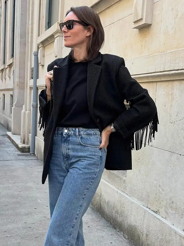 Solid Fringes Women Blazer Fashion Long Sleeve Pockets Single Breasted Female Jacket Lady Streetwear Men Office Spring Autumn 