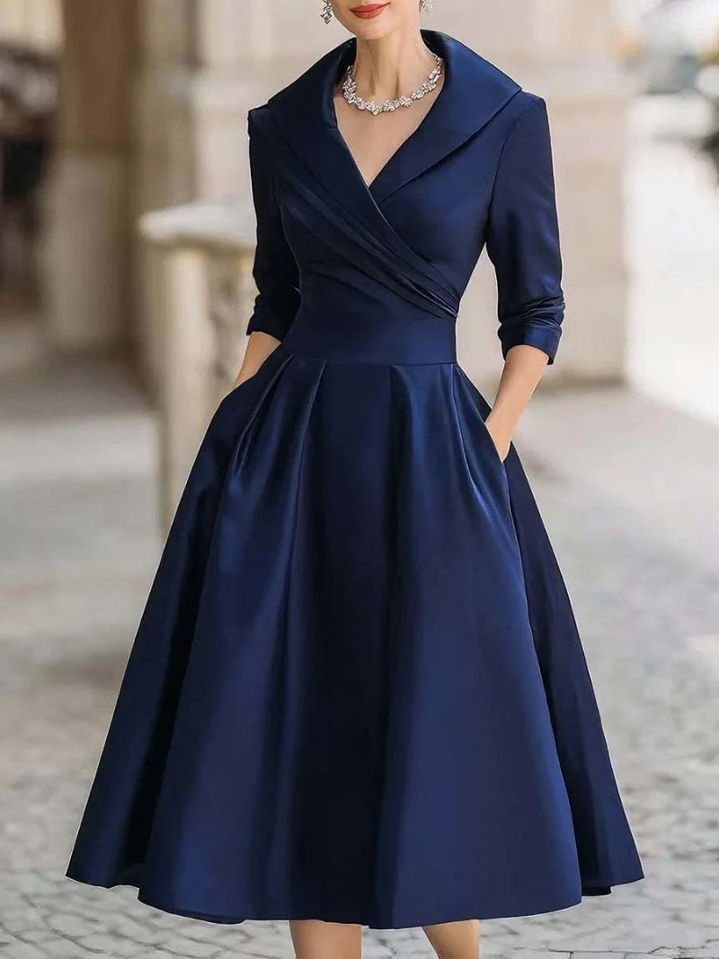 Fashionable commuting lapel cross pleated waist A-shaped dress for women