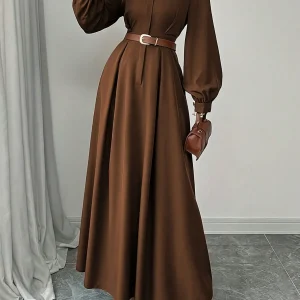 Women's Elegant Long Lantern Sleeve Office Dress Fashion Pleated A-Line Maxi Dresses Autumn 2025 Casual Long Shirt Vestidos