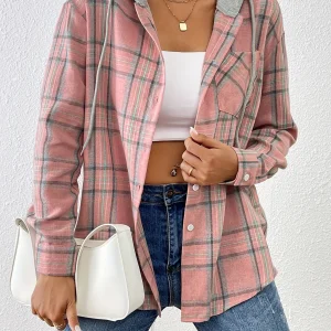Spring Autumn Women Elegant Hooded Shirt Casual Plaid Loose Blouses Fashion Office Lady Long Sleeve Tops