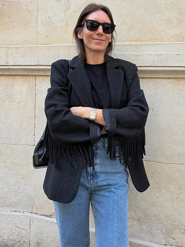 Solid Fringes Women Blazer Fashion Long Sleeve Pockets Single Breasted Female Jacket Lady Streetwear Men Office Spring Autumn - Image 3