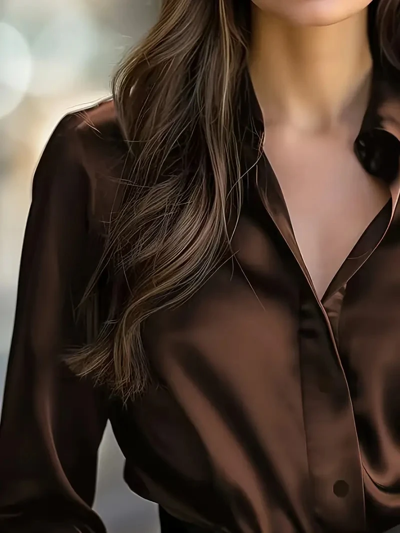 Elegant Black Satin Long Sleeve Blouse for Women Button-Up Collar Shirt Perfect for Casual or Professional Wear - Image 2