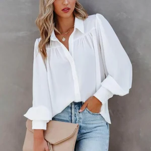 Leisure White Yellow Shirts Button Lapel Cardigan Top Lady Loose Long Sleeve Oversized Shirt Womens Blouses Casual Tunic Blusas