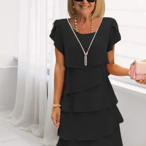 Women's Solid Color Round Neck Short Sleeve Casual Multi-Layered Mini Dress