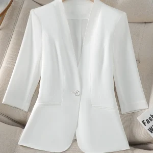 Women's White 3/4 Sleeve Blazer Slim Fit Single Button Formal Office Work Jacket Fashion Casual Blazer for Women