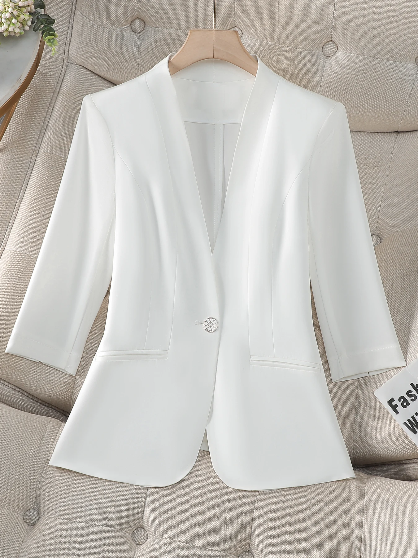 Women's White 3/4 Sleeve Blazer Slim Fit Single Button Formal Office Work Jacket Fashion Casual Blazer for Women