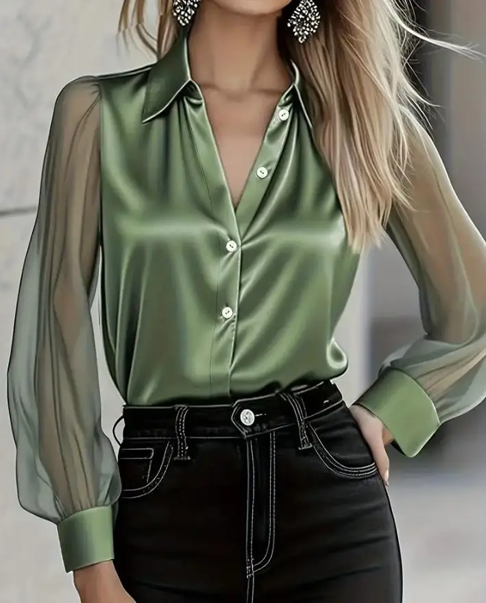 Women's Shirt 2025 New Autumn Light Luxury High-End Long Sleeved Versatile Satin Shirt Simple Commuting Elegant Shirt for Women